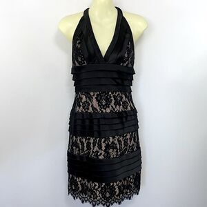 BCBG MAXAZRIA Dress Black Lace Body Con Cocktail Mini Halter Sz 6 EVC